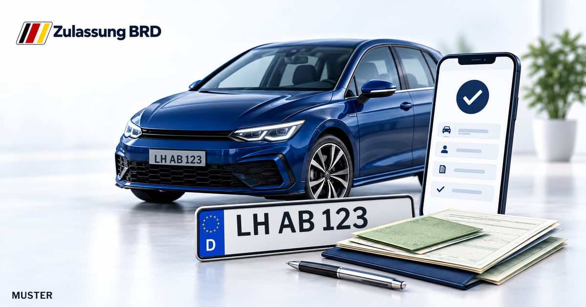 Online Fahrzeugzulassung in Nordkirchen: Musterkennzeichen LH AB 123, Auto und Fahrzeugpapiere und Smartphone. Illustration mit Logo von Zulassung BRD.
